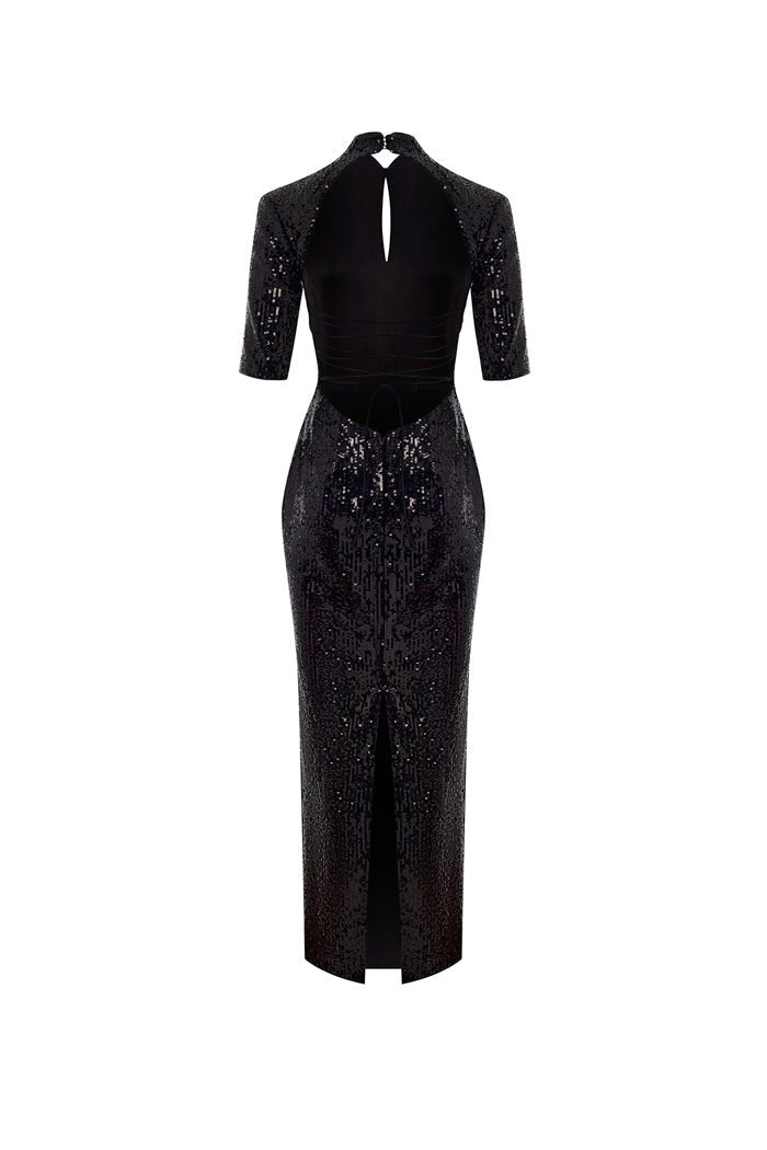 Sequinned long midi dress with an opened back and cutout – Rasario