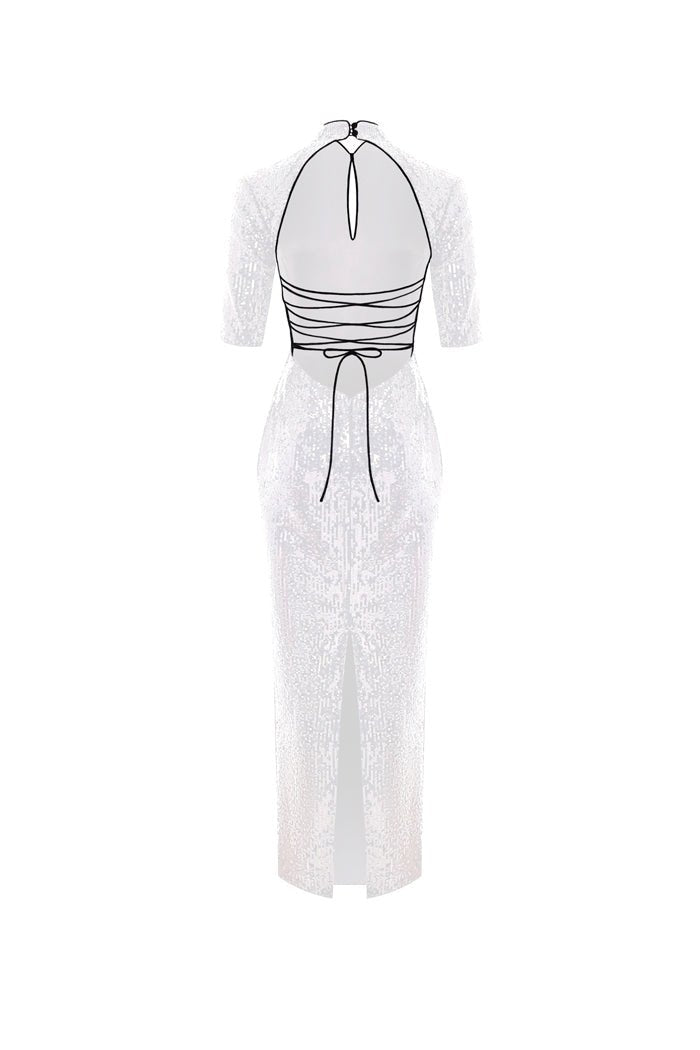 Sequinned long midi dress with an opened back and cutout – Rasario
