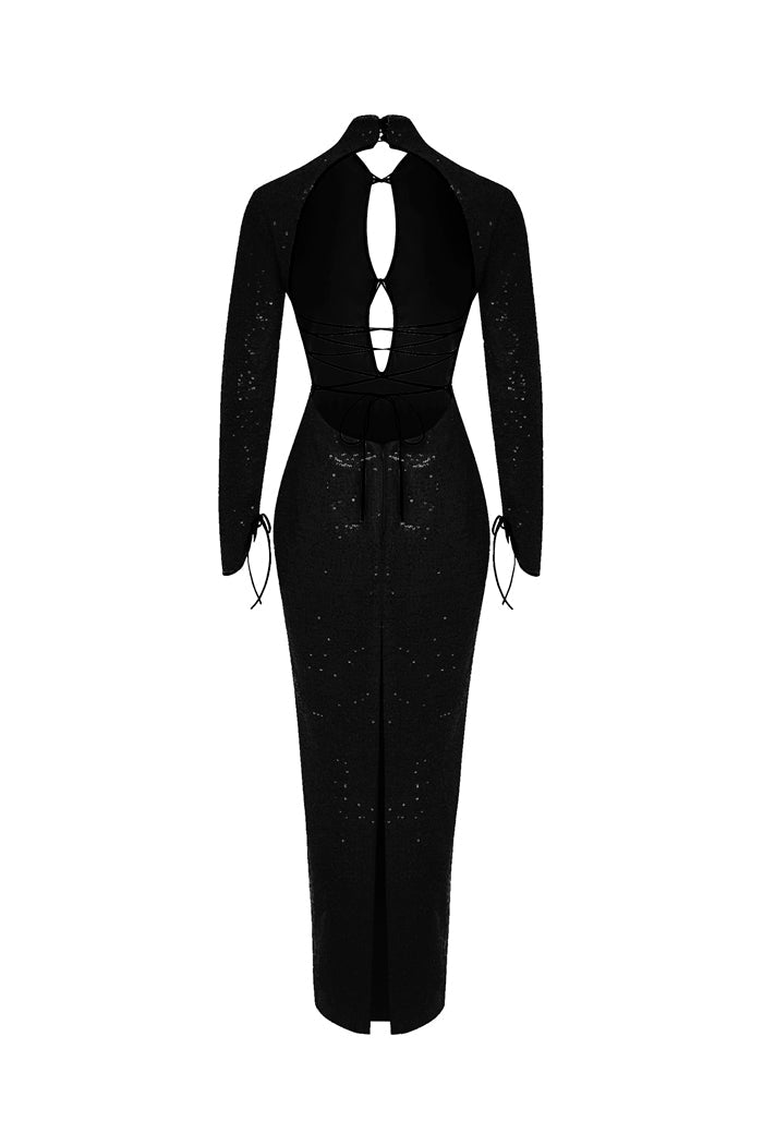 Sequinned long midi dress with cutouts and opened back – Rasario