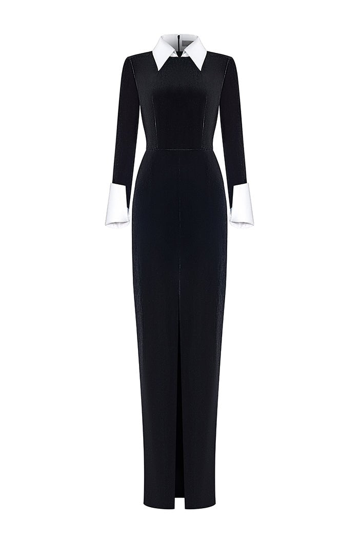 black velvet white collar dress and satin maxi with a slit – Color: Black-White – RASARIO Online Boutique 46 (FR) / Black-White 86cm Bust SIZE:USA 16 / EU 46 / UK 18 2025Spring The 11 Zara Satin