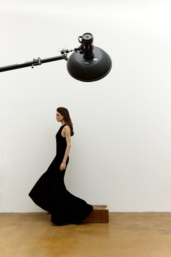 Velvet gown with ruffled skirt – Rasario