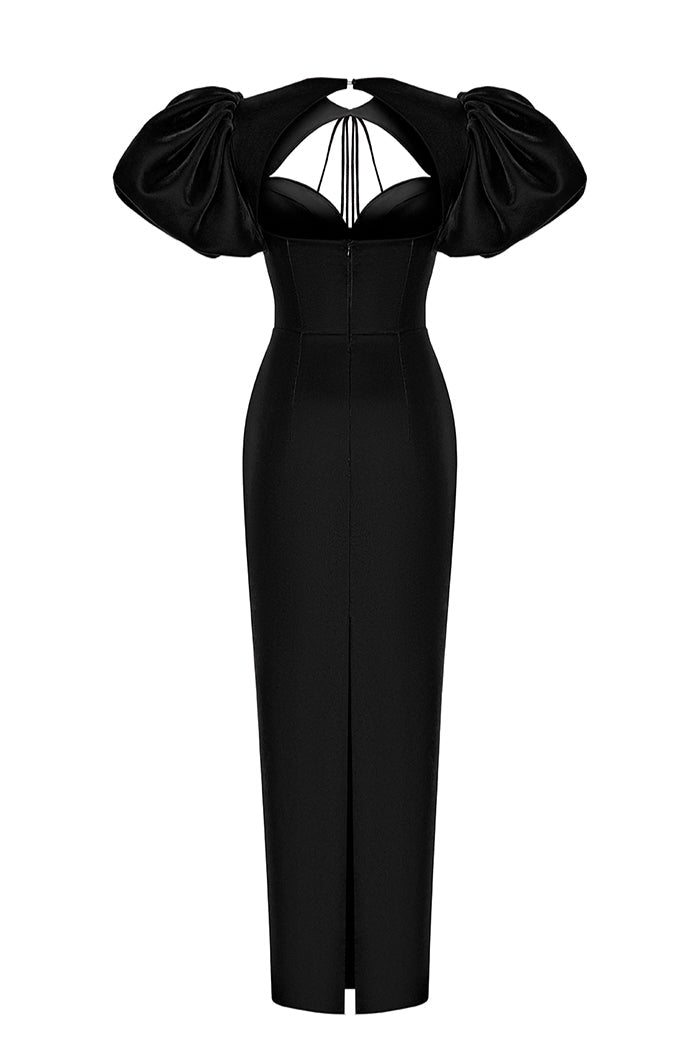 Velvet long midi dress with a cutout and voluminous sleeves – Rasario