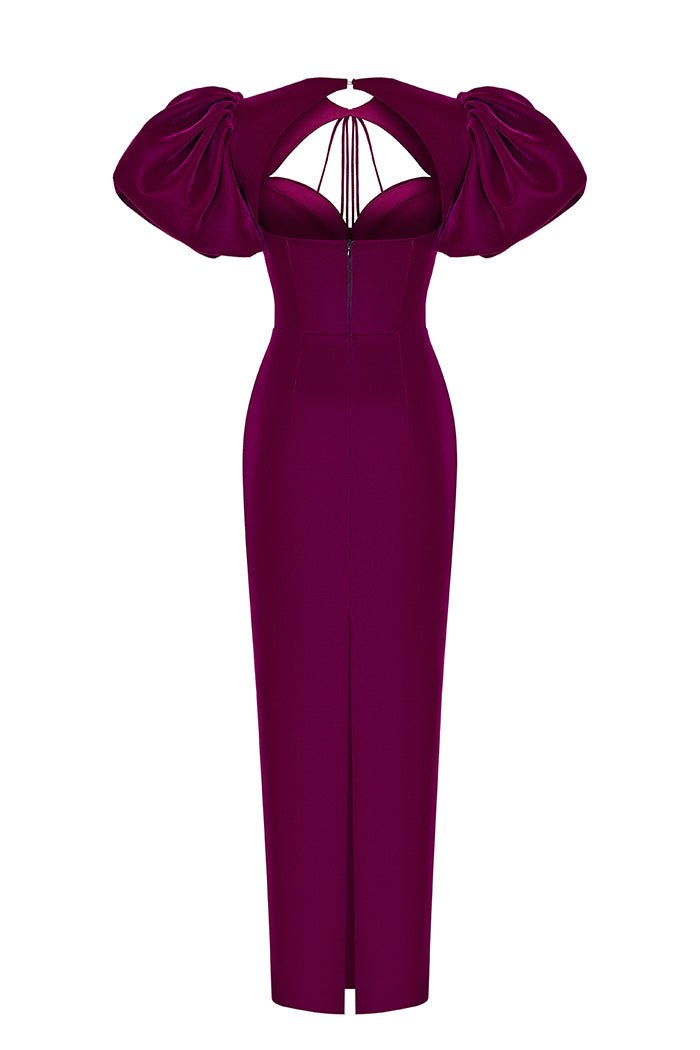 Velvet long midi dress with a cutout and voluminous sleeves – Rasario