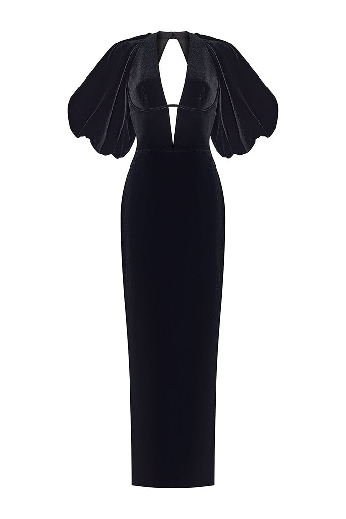 Velvet long midi dress with voluminous sleeves and a cutout – Color: Black – RASARIO Online Boutique 40 (FR) / Black