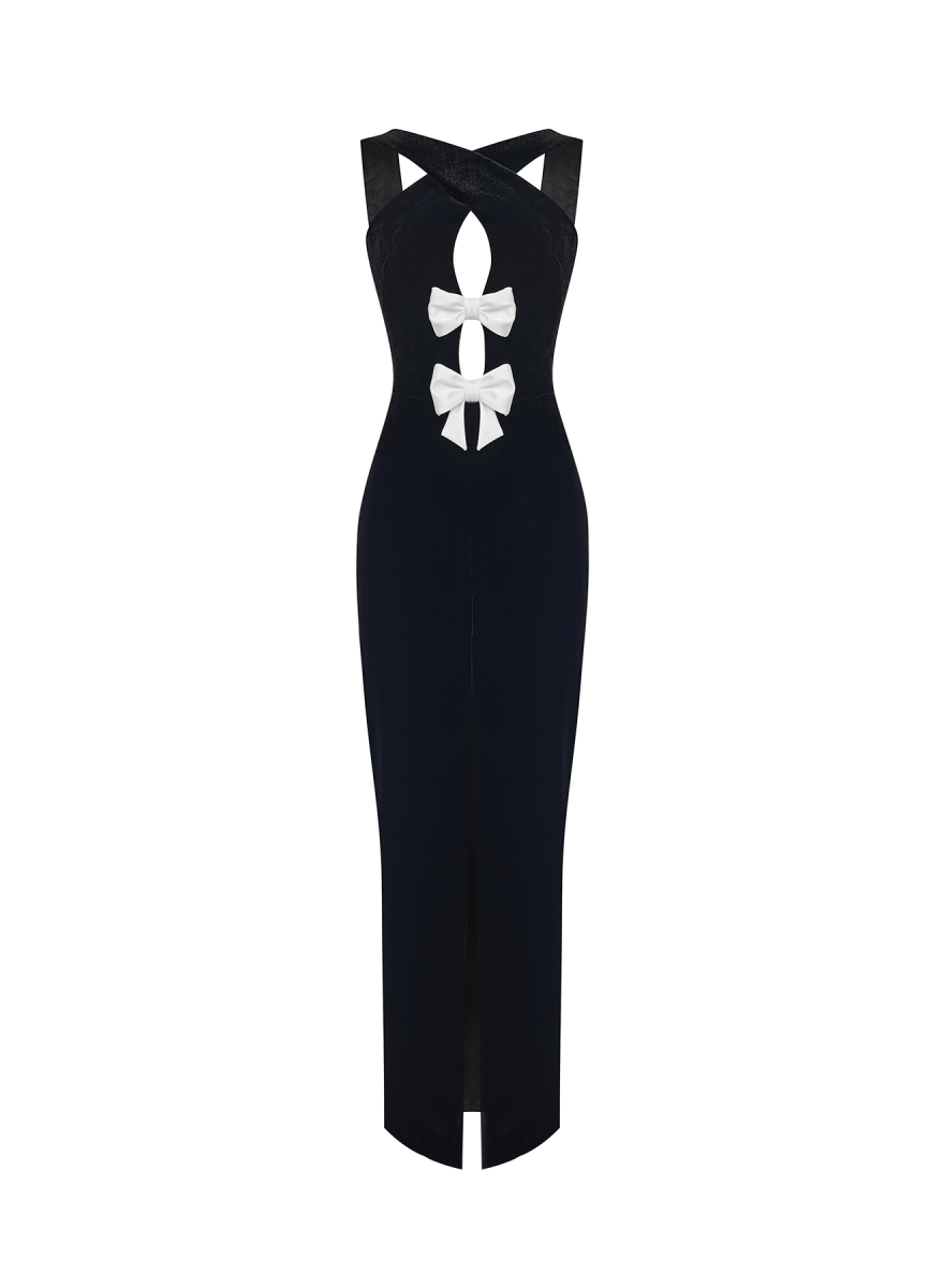 Velvet maxi dress with bows and cutouts – Color: Black/White – RASARIO Online Boutique 34 (FR) / Black/White
