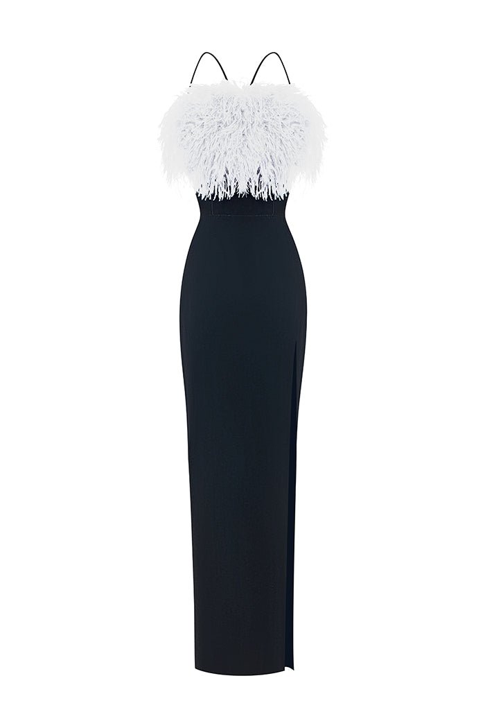 black and white feather dress Velvet maxi feather-trimmed with a side slit color:Charcoal Gray THREADED TULLE How to Style a my first ballerina dress