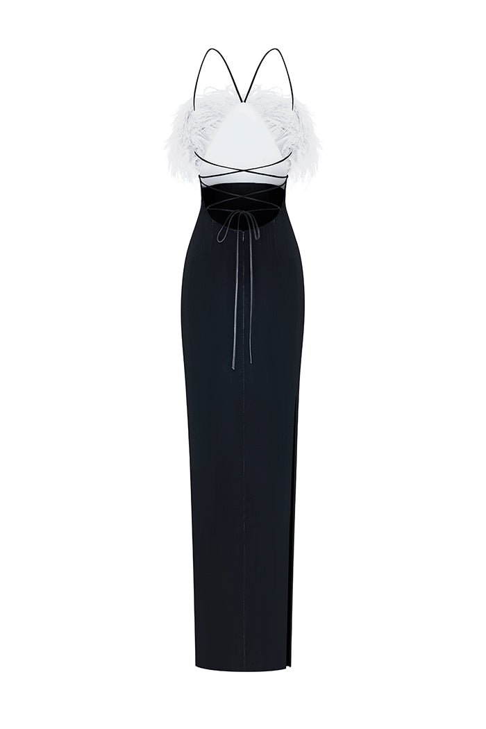 Velvet maxi feather-trimmed dress with a side slit – Rasario