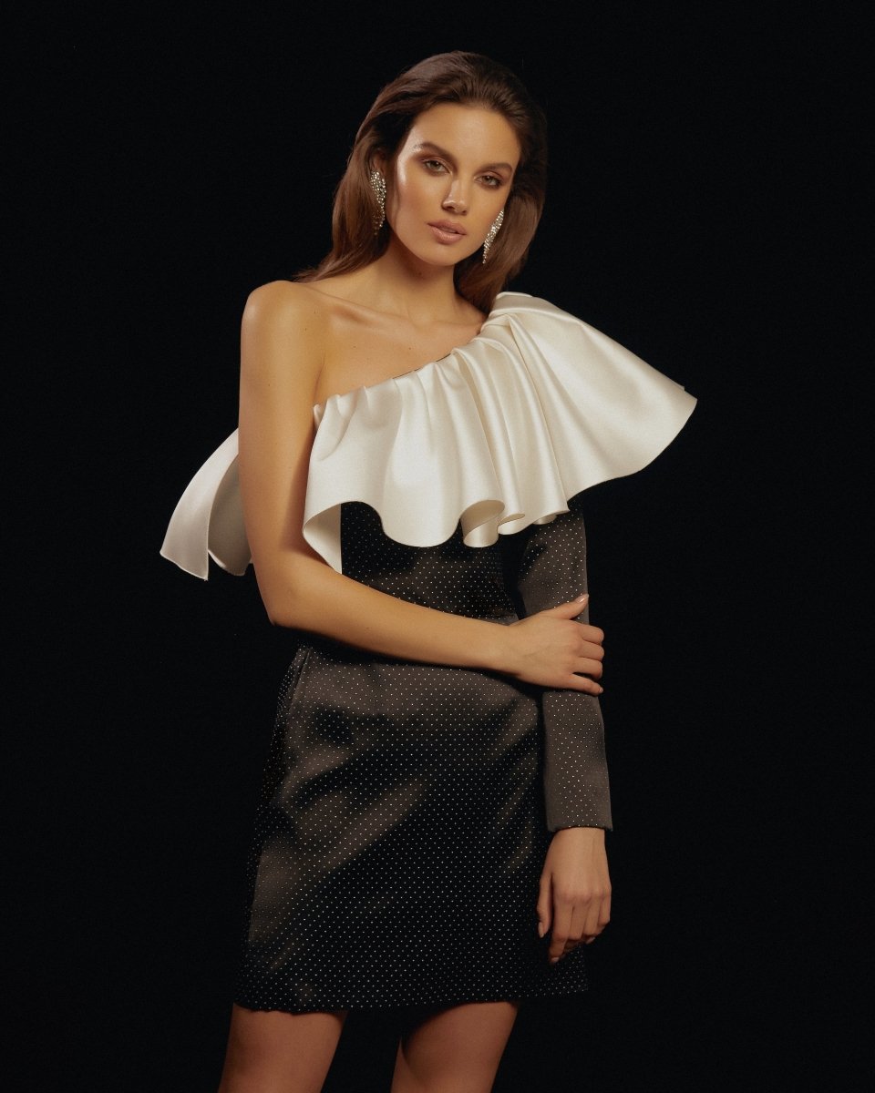 Silk organza and satin ruffled mini dress with one sleeve – Rasario