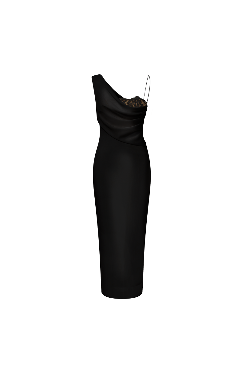 Draped asymmetric lace and satin midi dress black 5D010 Draped asymmetric lace and satin midi dress black 5D010
