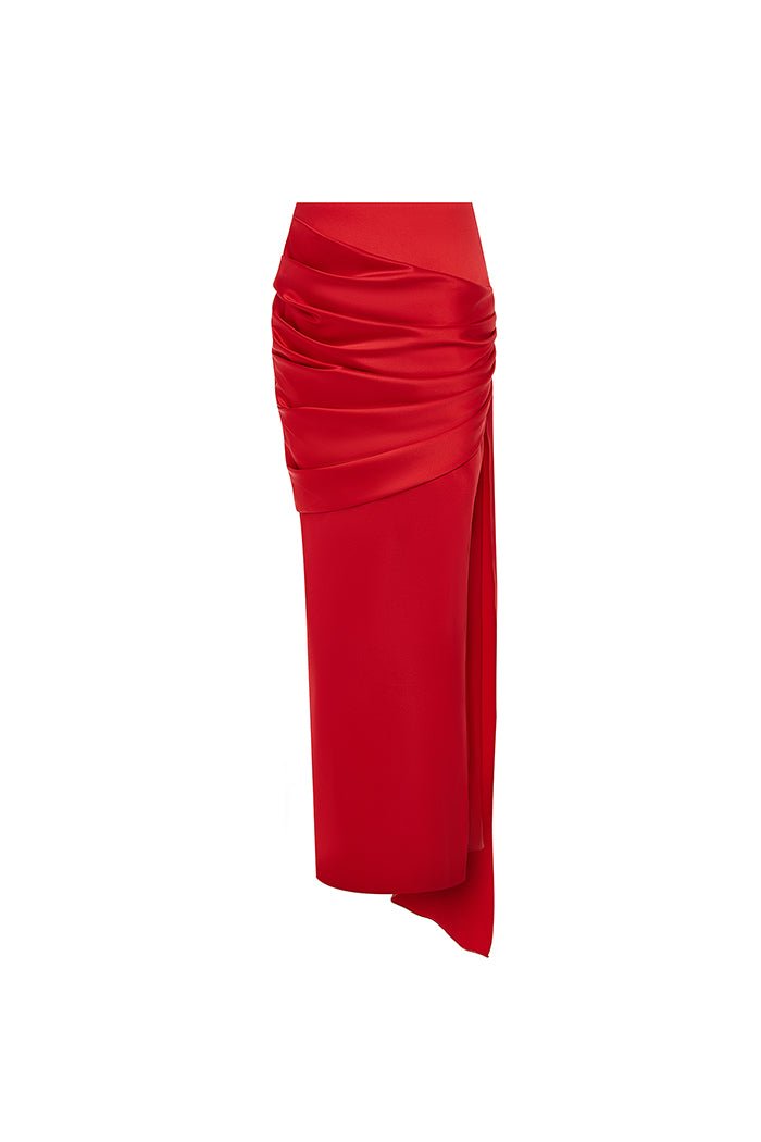 Draped satin maxi skirt with a side train – Rasario