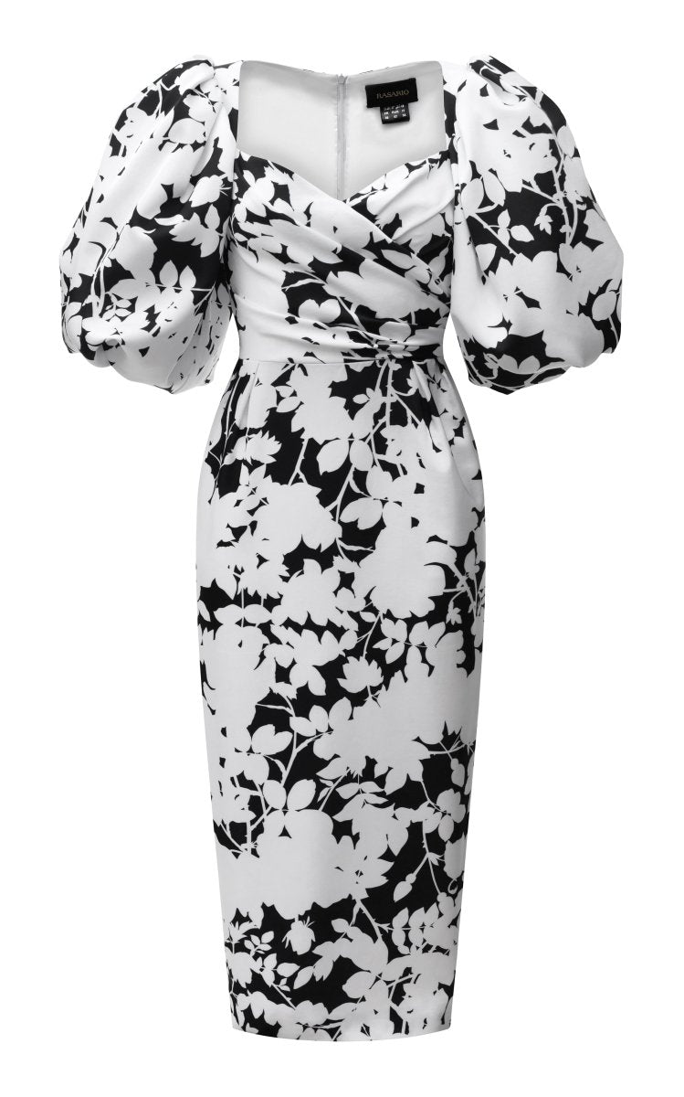 PUFF SLEEVE DRAPED FLORAL-PRINT SATIN MIDI DRESS – Rasario