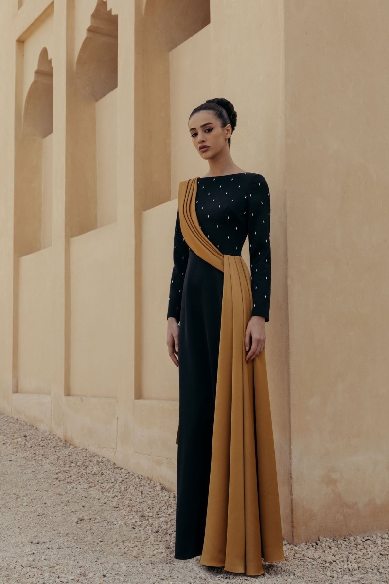 Embroidered satin maxi dress with voluminous drapery black/gold R005X130 RASARIO Embroidered satin maxi dress with voluminous drapery black/gold R005X130 RASARIO
