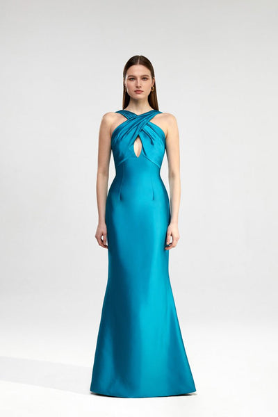 Open-back satin maxi dress with halterneck turquoise 2X770 – RASARIO