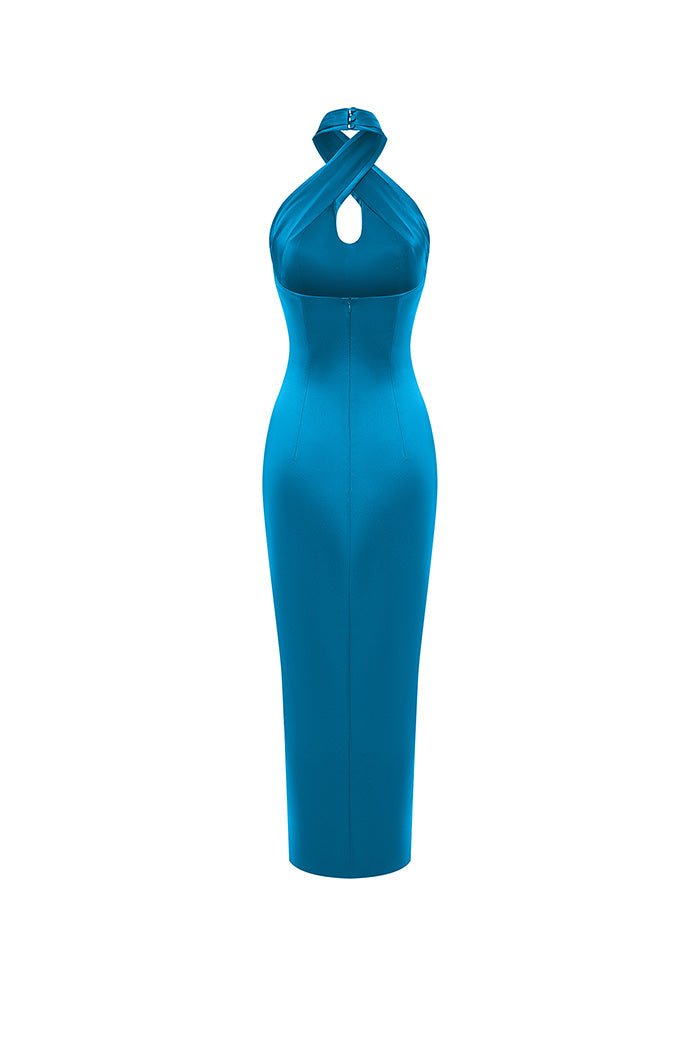 【送料&関税込】C.P. Company Light Blue Halter Long Dress Sansa Powder Blue Satin Cross Halter-Neck Plisse Maxi Dress