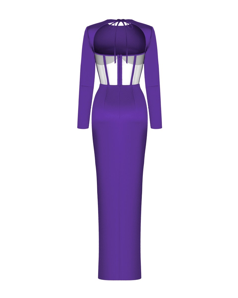 Draped satin corset dress with long sleeves purple 0X420 Draped satin corset dress with long sleeves purple 0X420