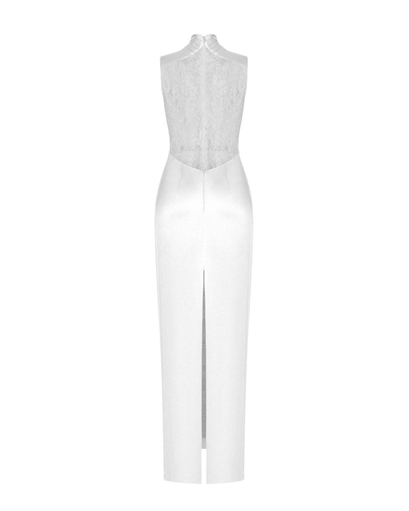 Draped satin and lace maxi-dress white 3X020 – RASARIO