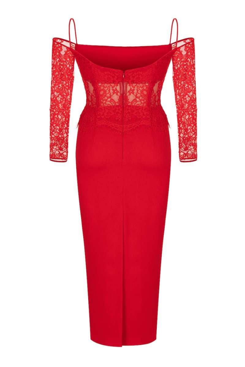 COLD-SHOULDER LACE AND CREPE MIDI DRESS – Rasario