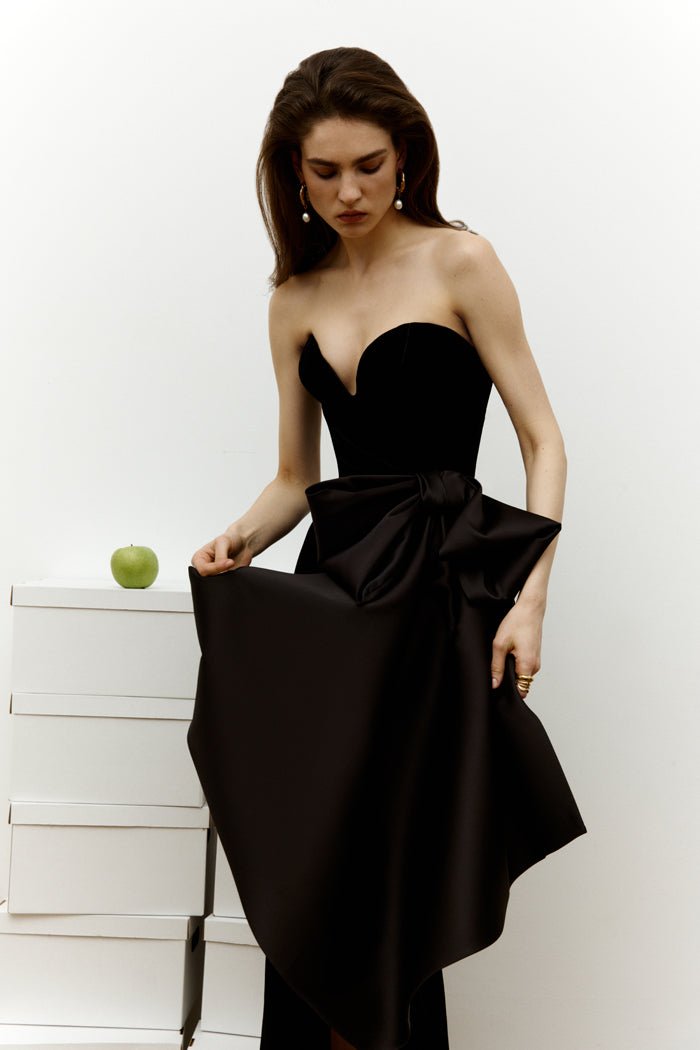 Velvet Corset Midi Dress with Bows 36 (FR) / Black Velvet Corset Midi Dress with Bows 36 (FR) / Black