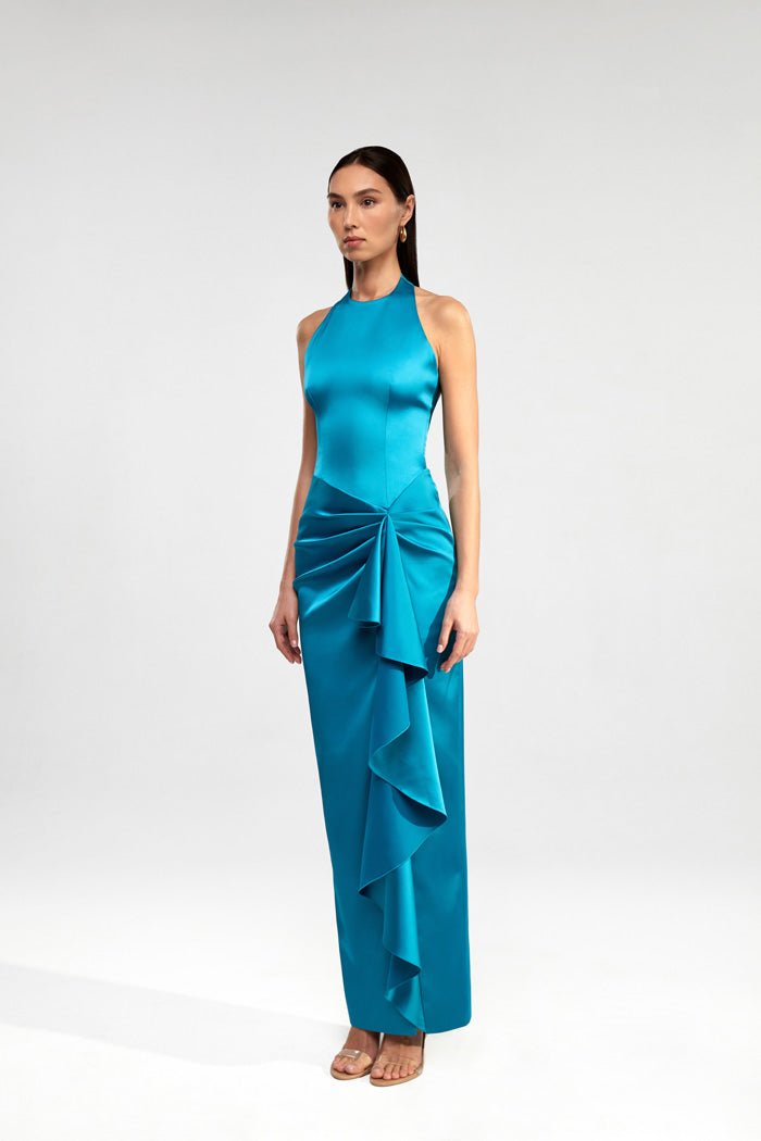 Draped satin maxi dress with ruffle turquoise S090X770 RASARIO Draped satin maxi dress with ruffle turquoise S090X770 RASARIO