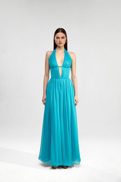 Draped chiffon maxi dress turquoise 0G770 – RASARIO