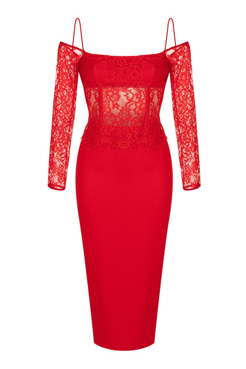 COLD-SHOULDER LACE AND CREPE MIDI DRESS – Rasario