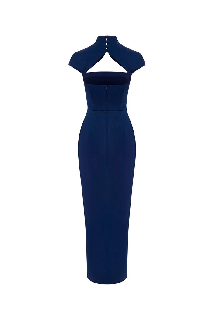 Long midi corset satin dress with a side slit dark blue 0M170