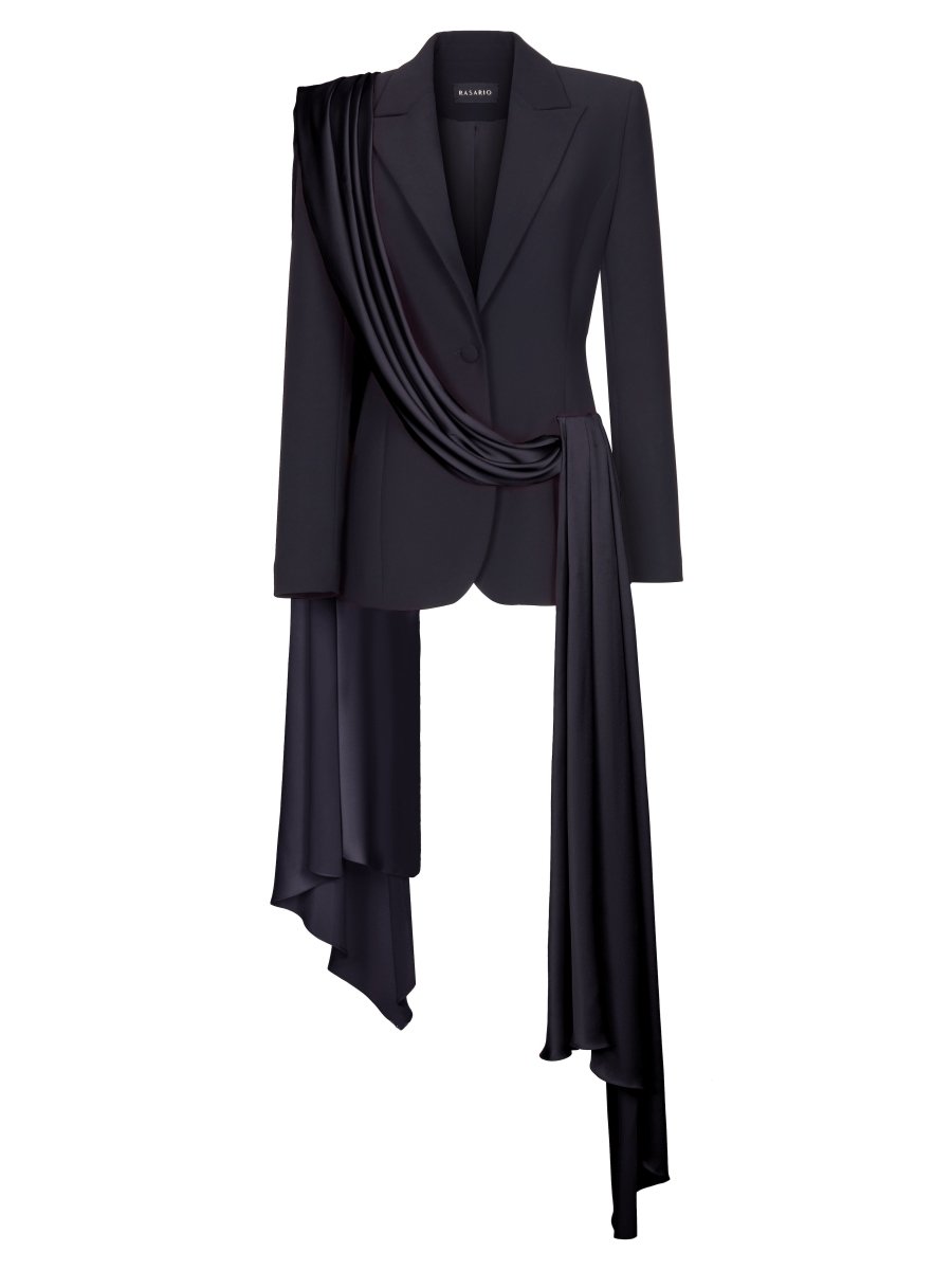 Single-breasted draped crepe and satin blazer with train