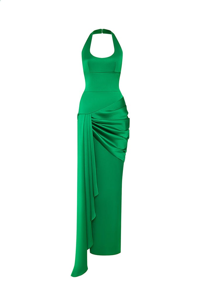 Satin maxi dress with a train green 7X080 – RASARIO