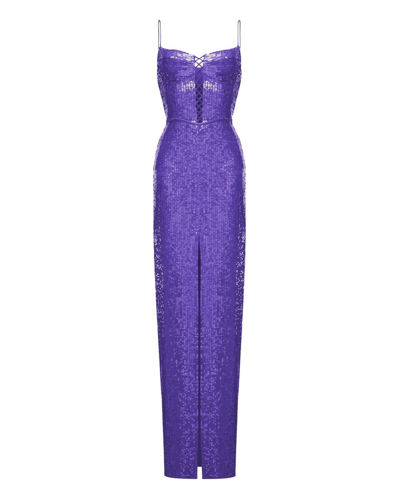 Sequined maxi dress with lacing violet 1X040 – RASARIO Sequined maxi dress with lacing violet 1X040 – RASARIO