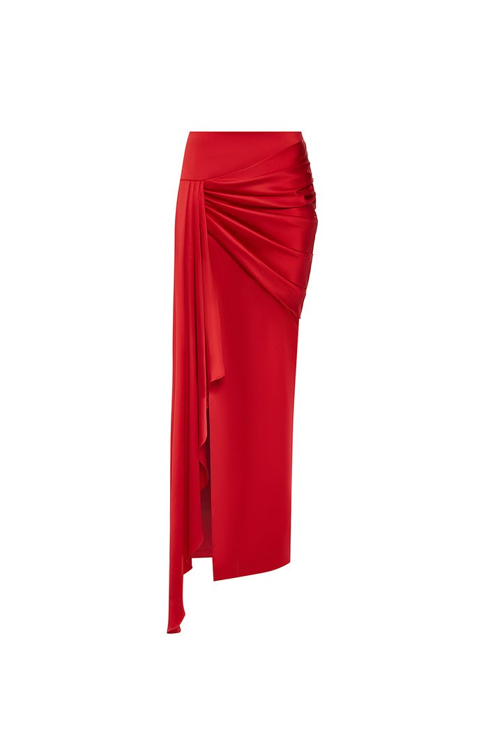 Draped satin maxi skirt with a side train – Rasario