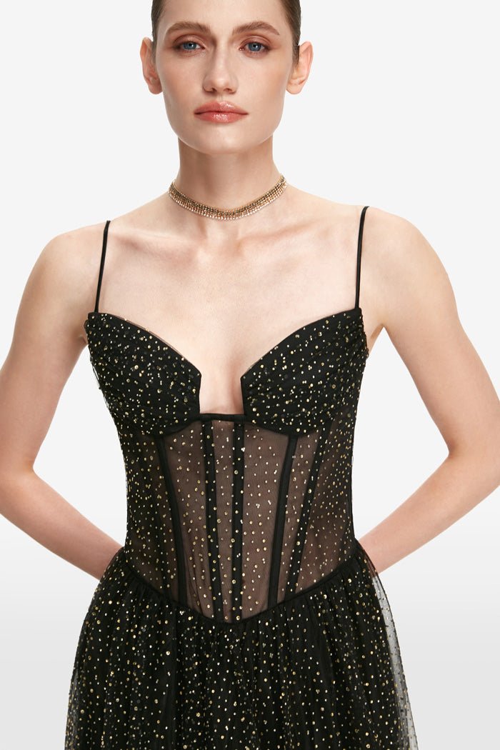 Draped rhinestone tulle corset maxi dress with voluminous skirt 44 (FR) / Black Draped rhinestone tulle corset maxi dress with voluminous skirt 44 (FR) / Black