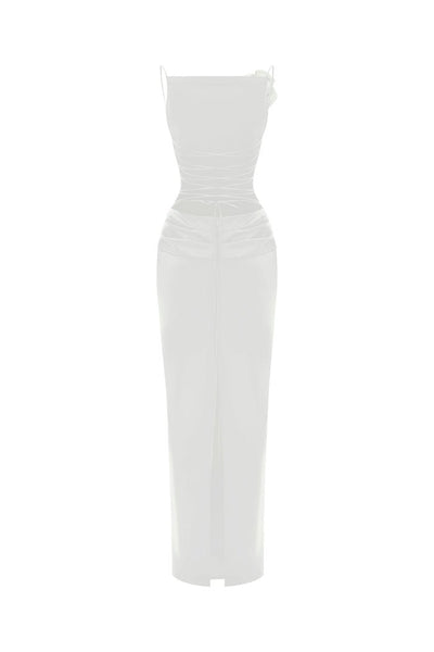 Flower embellished satin maxi dress with an opened back white 0X020 – RASARIO