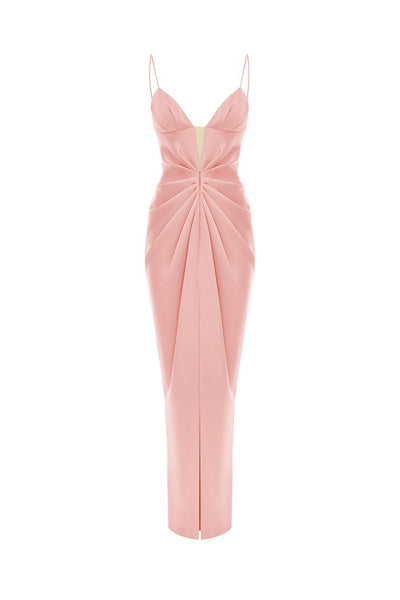Draped satin maxi dress with cutout powder pink 8X290 – RASARIO