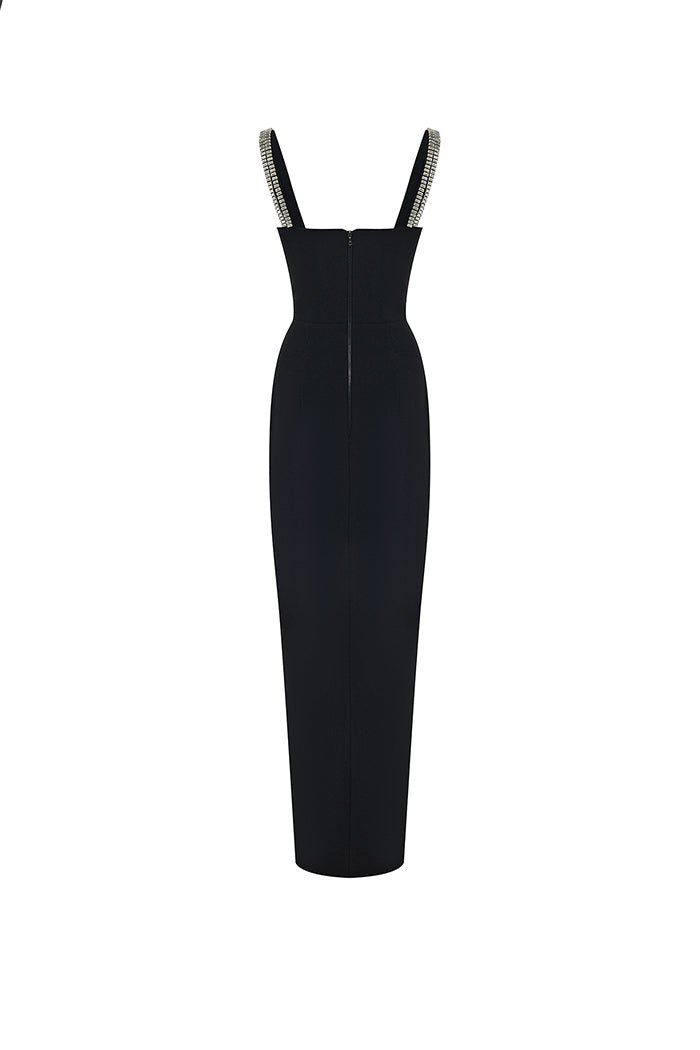 Crystal Embellished Crepe Maxi Dress With A Slit Black 6x010 Rasario 4084