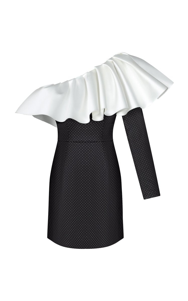 Silk organza and satin ruffled mini dress with one sleeve – Rasario