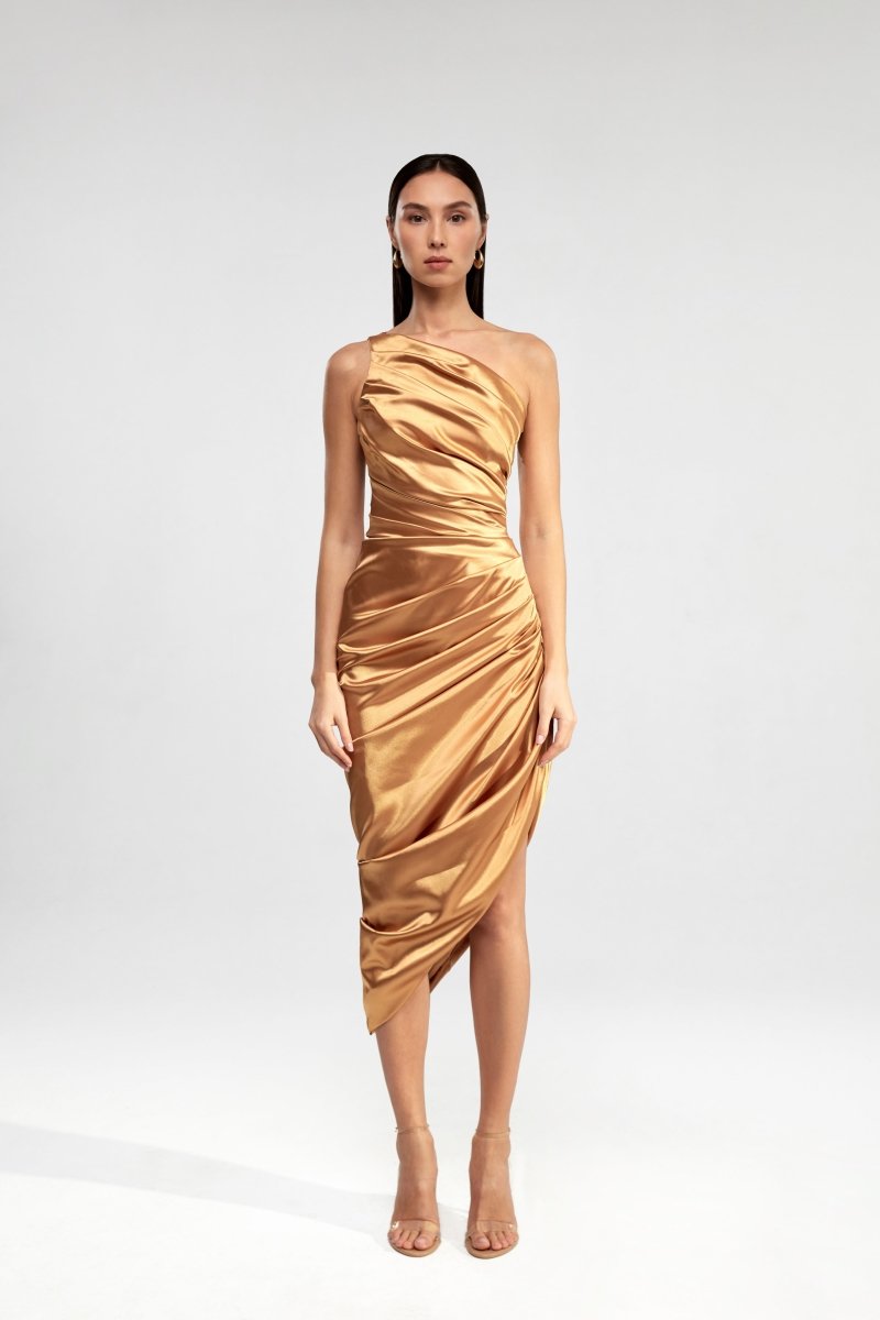 Draped assymetric satin midi dress 34 FR Gold