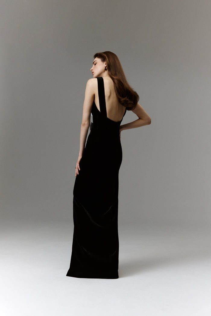 Velvet Maxi Dress with Bows and Cutouts 34 (FR) / Black/White Velvet Maxi Dress with Bows and Cutouts 34 (FR) / Black/White