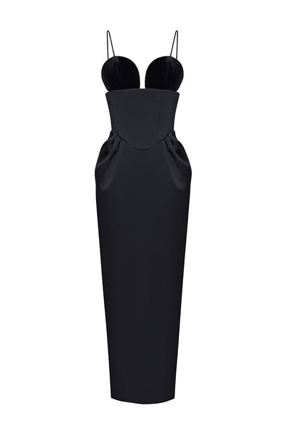 Velvet and satin corset long midi dress black 6M010 – RASARIO