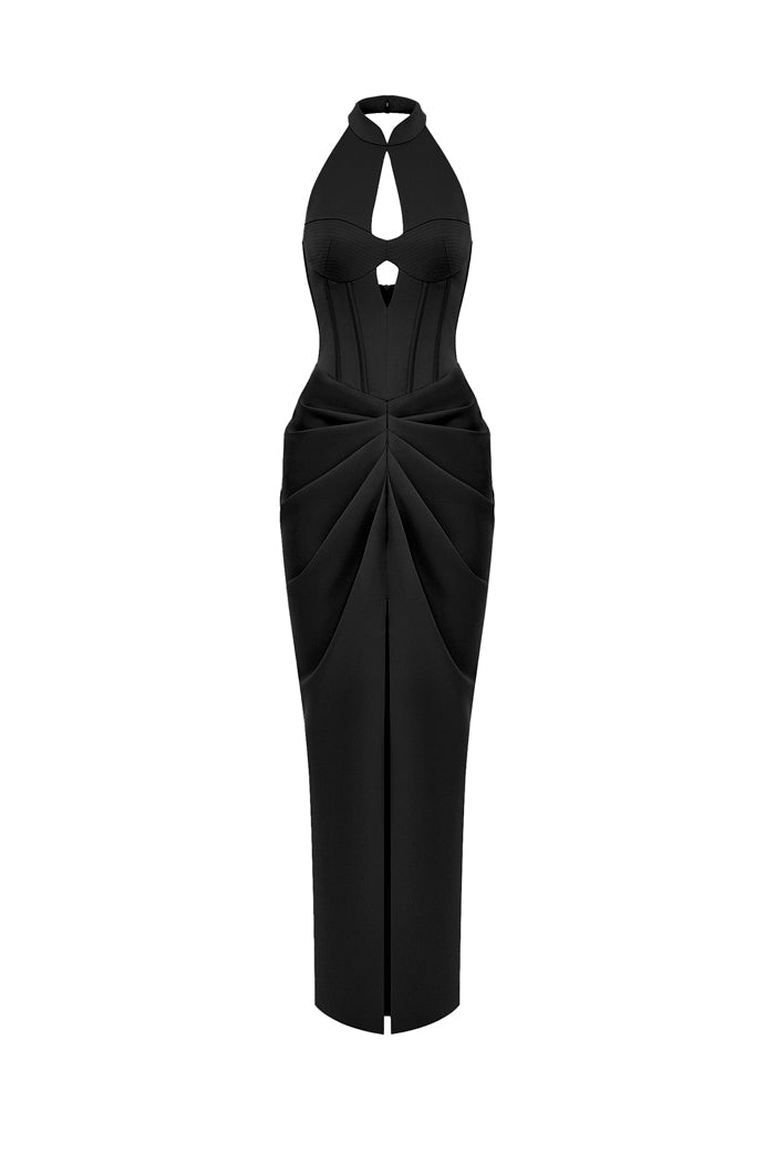 Draped satin long midi dress with cutout black 4M010 – RASARIO