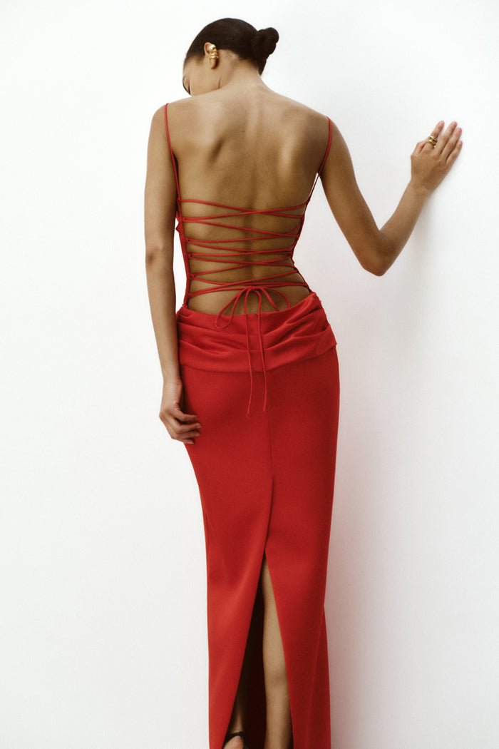 Flower embellished satin maxi dress with an opened back