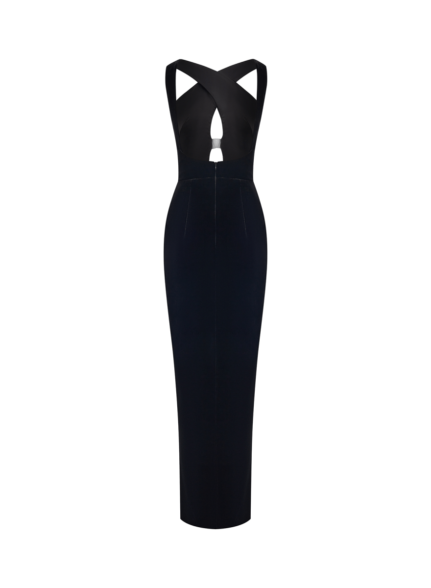 Velvet maxi dress with bows and cutouts black 1X120 – RASARIO