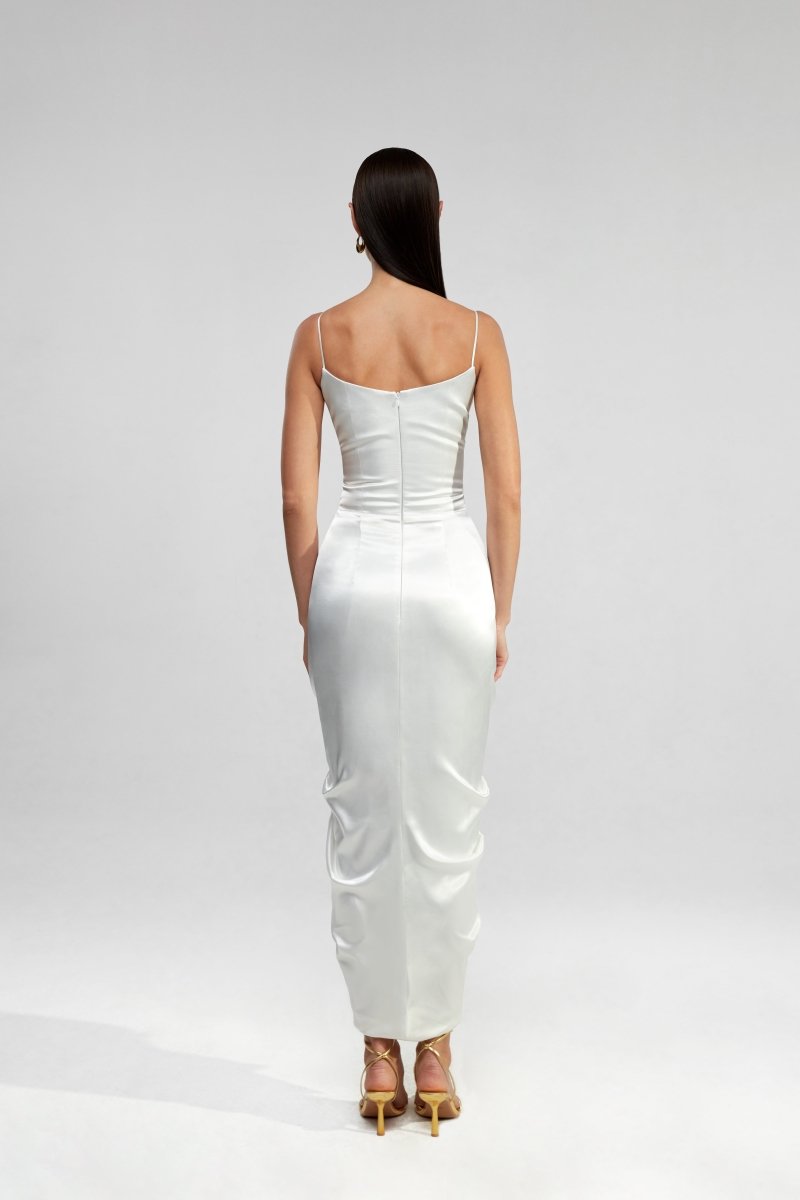 Draped satin long midi dress with ruffle 42 (FR) / White Draped satin long midi dress with ruffle 42 (FR) / White