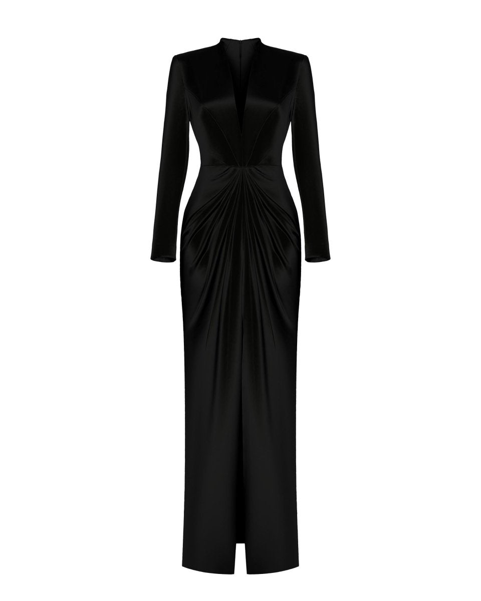 Satin gown with draped skirt black 6X010 – RASARIO