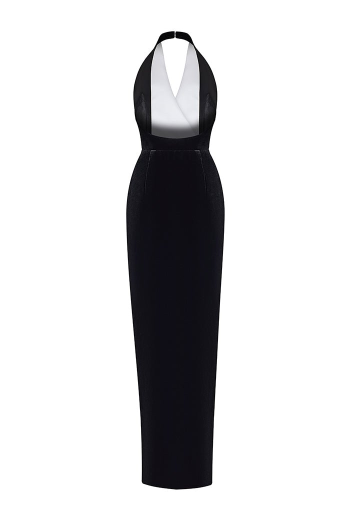 Velvet and satin maxi dress with a side slit 36 (FR) / Black-White Velvet and satin maxi dress with a side slit 36 (FR) / Black-White