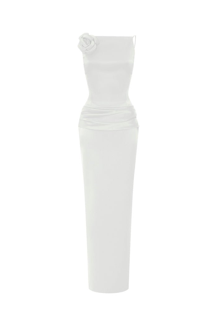Flower embellished satin maxi dress with an opened back white 0X020 – RASARIO