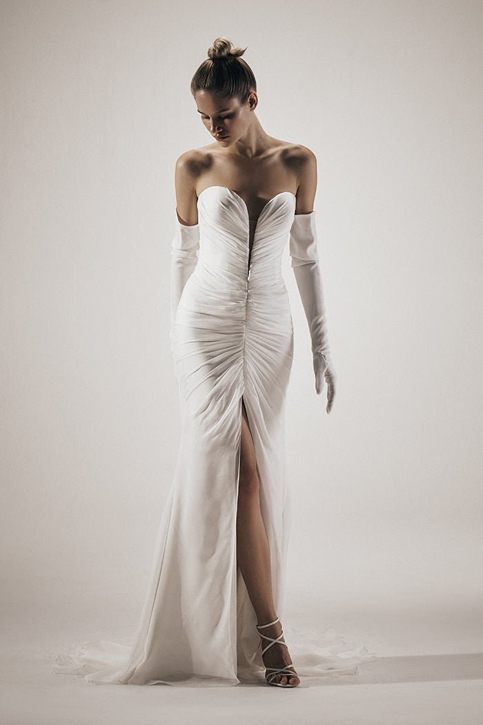 Draped Corset Silk Chiffon Maxi Dress with A Train 34 (FR) Draped Corset Silk Chiffon Maxi Dress with A Train 34 (FR)