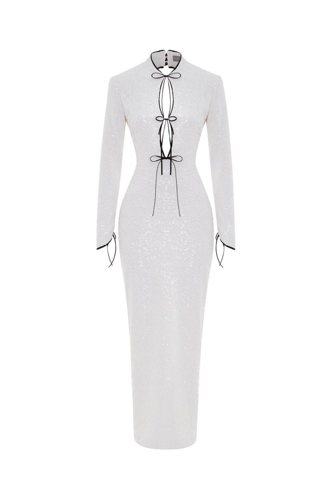 Sequinned long midi dress with cutouts and opened back white
