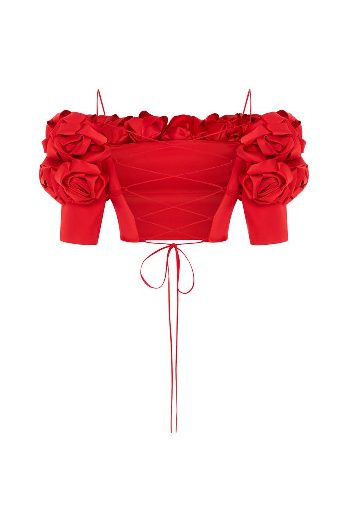 Cropped flower embellished satin top with an opened back red Cropped flower embellished satin top with an opened back red
