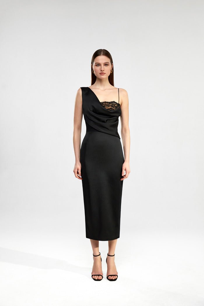 Draped asymmetric lace and satin midi dress black 5D010 Draped asymmetric lace and satin midi dress black 5D010