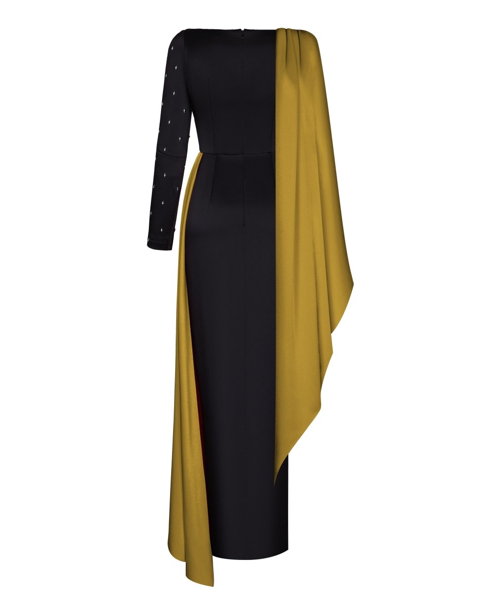 Embroidered satin maxi dress with voluminous drapery black/gold R005X130 RASARIO Embroidered satin maxi dress with voluminous drapery black/gold R005X130 RASARIO